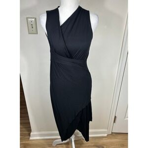 Helmut Lang Midi Dress S Black Draped Wrap Asymmetrical Micro Acrylic Sleek LBD
